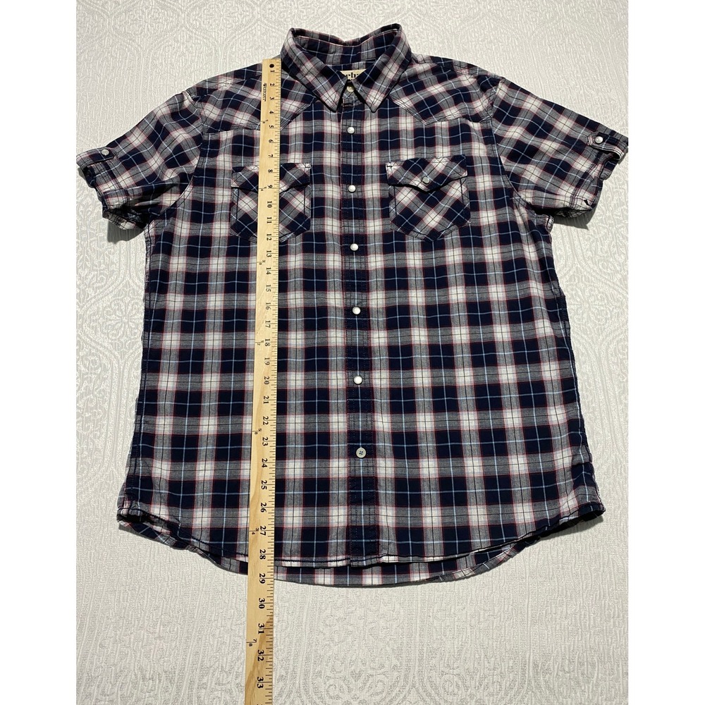 Urban Pipeline Western Rodeo Shirt Mens Large Blue Short Sleeve Plaid Pearl Snap - Picture 6 of 8